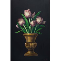 Purple and Cream Tulips in Gold Urn